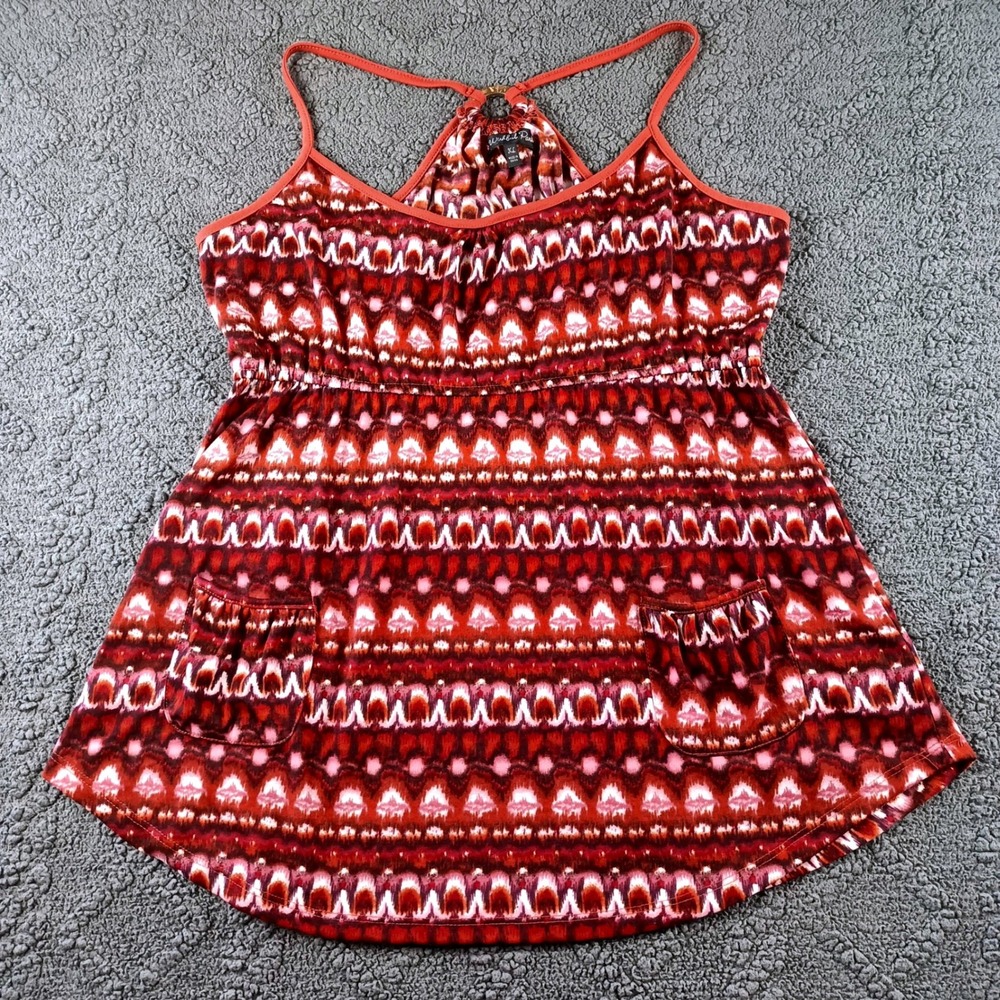 Womens XL Boho Ikat Print Empire Waist Cami Tank Top Rust Burgundy